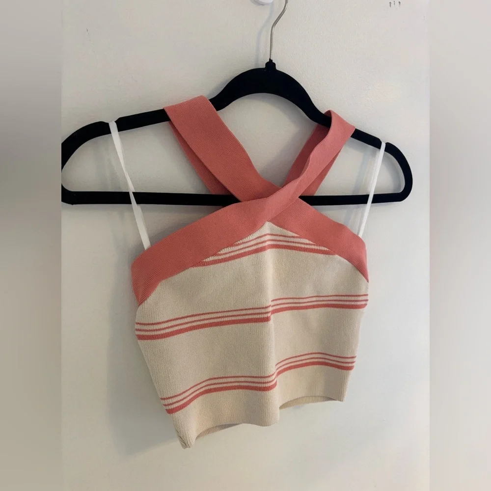 Aritzia Babaton Stripe Sculpt Knit Criss Cross Crop Top NWOT - Picture 3 of 7
